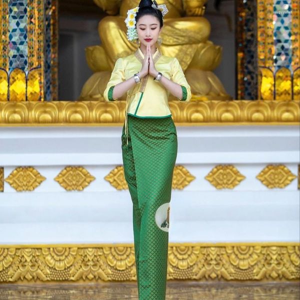 Ethnische Kleidung Traditionelles Thai-Kostüm für Frauen Frühling Sommer Tops Bluse Langer Rock Sets Alltagskleidung Thailand Kleid Damen