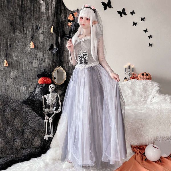 Halloween-Kleid für Erwachsene, Geisterbraut-Hochzeitskleid, Totenkopf-Zombie-Kleid, Terrorpuppe, Hexe, Make-up, Ballkleid