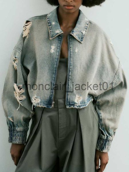 Giacche da donna Nuove giacche di jeans strappate decorate per le donne Cappotto con zip frontale con bavero Top a maniche lunghe da donna Streetwear Giacca vintage Autunno J230925