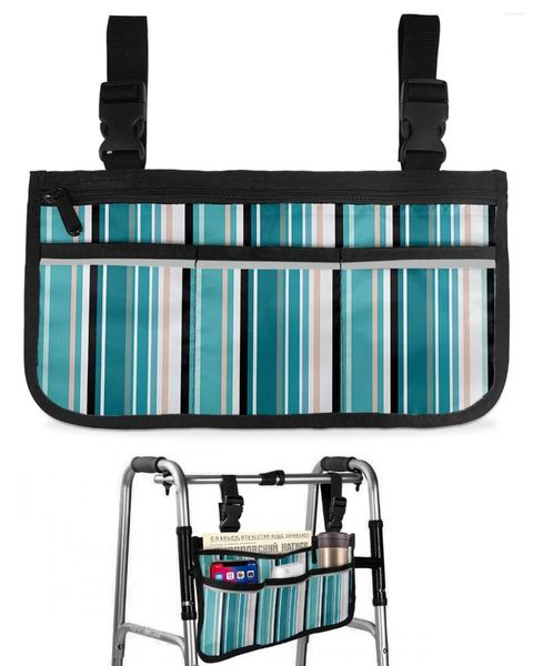 Sacos de armazenamento Saco de cadeira de rodas com listras geométricas Padrão Teal com bolsos Apoio de braço Lateral Scooter elétrico Bolsa de quadro de caminhada