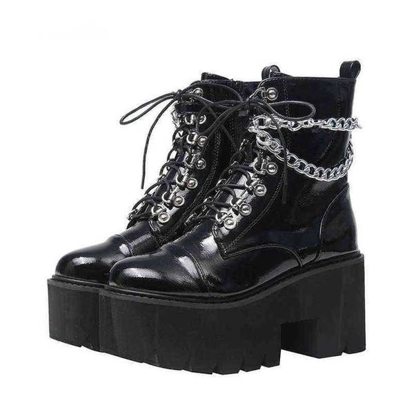 HBP Boots Lacquer Leather Gothic Black Women Heel Sexy Chain Chunky Platform Female Punk Style Ankle Boot Zipper 220805