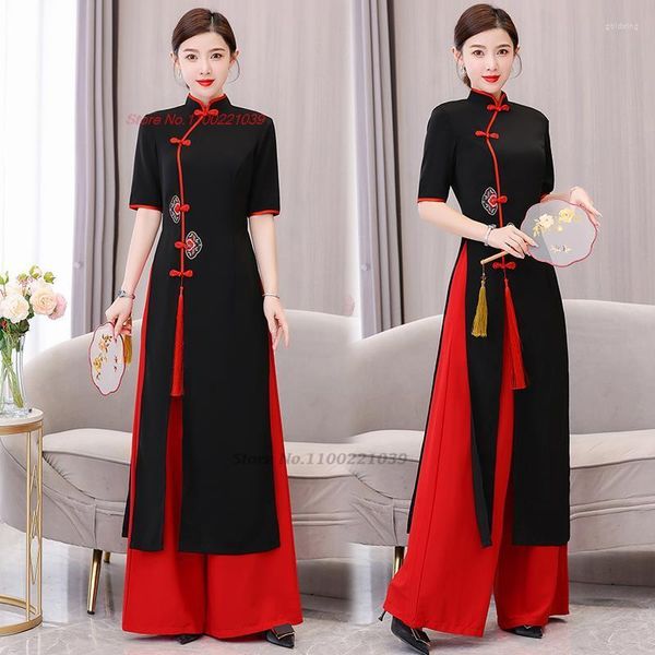 Etnik Giyim 2023 Geleneksel Vietnam Ao Dai Vintage Elbise Pantolon Set Ulusal Çiçek Nakamı Cheongsam Aodai Ziyafet Akşam