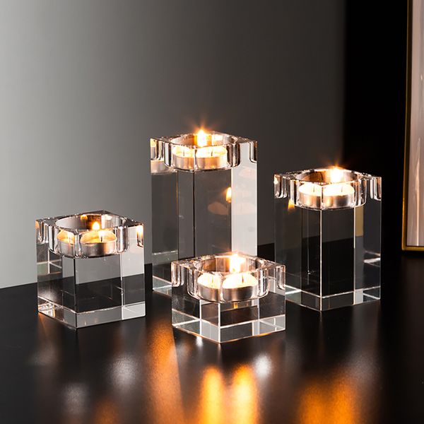 Titulares de vela Clear Square Glass Candle Holder Nordic Home Decoração Acessórios Ano Decoração Casamento Centerpieces para Tabelas 230925