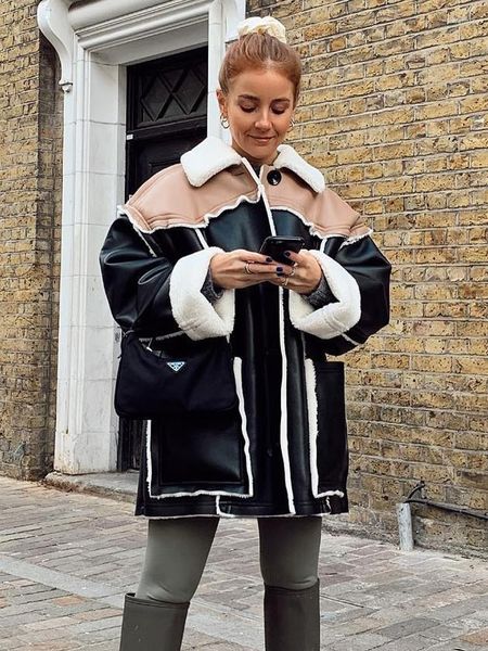 Cappotto di pelliccia patchwork di moda in pelle da donna per le donne 2023 giacche invernali a maniche lunghe con risvolto giacca da bici da donna High Street Engine