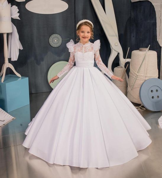 Mädchen Kleider Handgemachte Weiße Puffy Blume Prinzessin Kleid Satin Spitze Nette Kinder Elegante Vestidos Novia Ballkleid