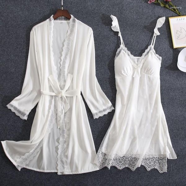 Damen-Nachtwäsche, weiße Spitze, Braut, Brautjungfer, Hochzeit, Robe-Set, Damen-Sommer-Kimono-Bademantel, Kleid, lockerer lässiger Schlafanzug, sexy Heimkleid