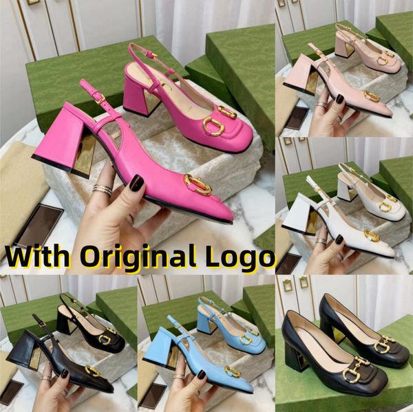 Mulheres Sandálias Designer Dress Shoes Sapatos de Salto Alto Chunky Mid-Heel Slingback Bomba com Horsebit Vintage Square Toe Mules Top Grade Leather Party Shoes