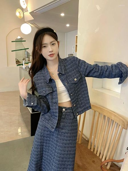 Abiti da lavoro Cool Girl Abito di jeans Donna Large Size Jacquard Ricamo Cardigan Cappotto Vita sottile Gonna di media lunghezza Set due pezzi