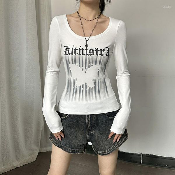 Mulheres camisetas Lygens Carta Borboleta Imprimir Manga Longa Slim Tank Crop Top T-shirt Y2K Streetwear Atacado Diário Casual Roupas de Outono