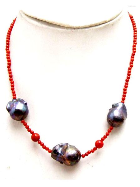 Correntes Qingmos Barroco 14/25mm Natural Black Pearl Pingente Colar para Mulheres com 3-4mm Red Coral Chokers Jóias