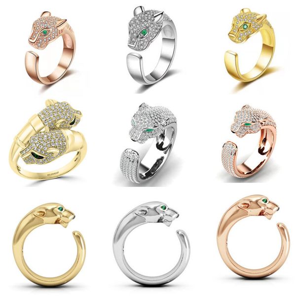 Eheringe, Leoparden-Panther-Kopf, grünes Auge, öffnender Ring, mikroeingelegter Crysyal-Strass-Zirkon für Unisex, Hochzeit, Verlobung, Party, Schmuck 230923