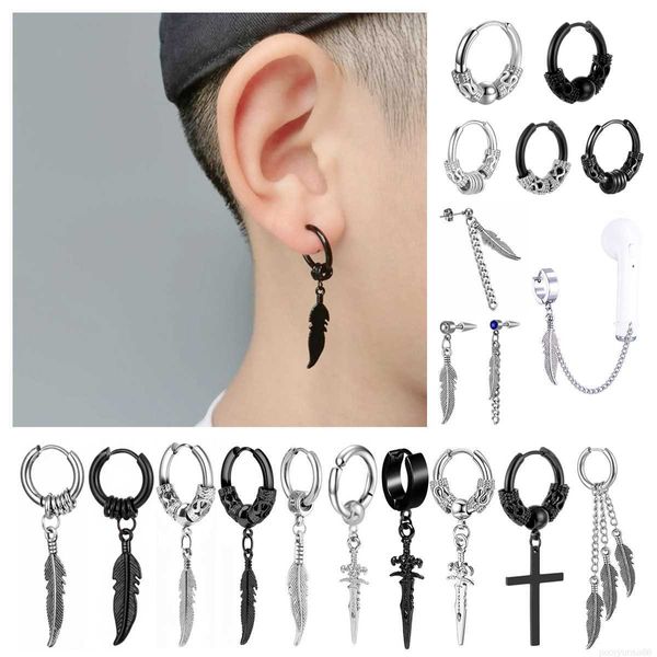 Charme Punk Vintage Design Blatt Creolen für Frauen Männer Schmuck Zubehör Schwarz Stahl Feder Ohrring Brincos