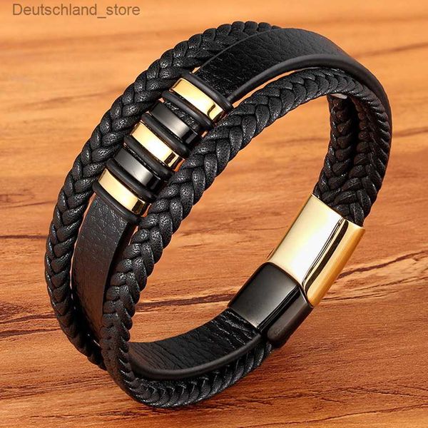 Charm-Armbänder XQNI 3 Schichten Schwarz Punk-Stil Design Lederarmband für Männer Edelstahl Magnetknopf Geburtstagsgeschenk Männliche Armbänder Q230925