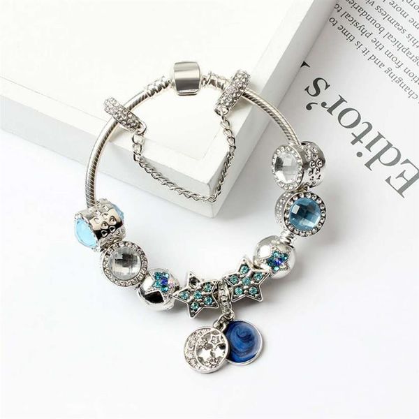 Nuovi braccialetti con ciondoli per occhi di gatto blu Bracciale con perline Braccialetti in argento 925 Stelle luminose Luna Bracciale Gioielli fai da te250G