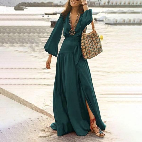 Vestidos casuais mulheres vestido de praia cor sólida profundo decote em v verão solto-encaixe cintura apertada vestido-up mangas largas com cinto