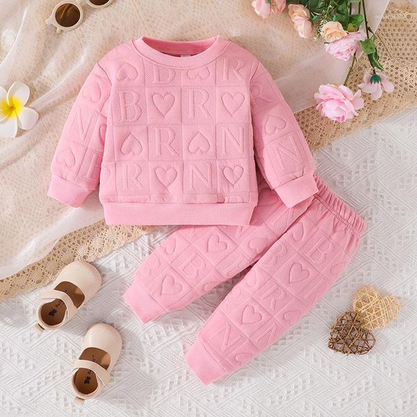 Set di abbigliamento 2 pezzi Set per bambini primaverili e autunnali Felpe con stampa a colori rosa Pantaloni stile sportivo Indossare abiti per costumi per bambini