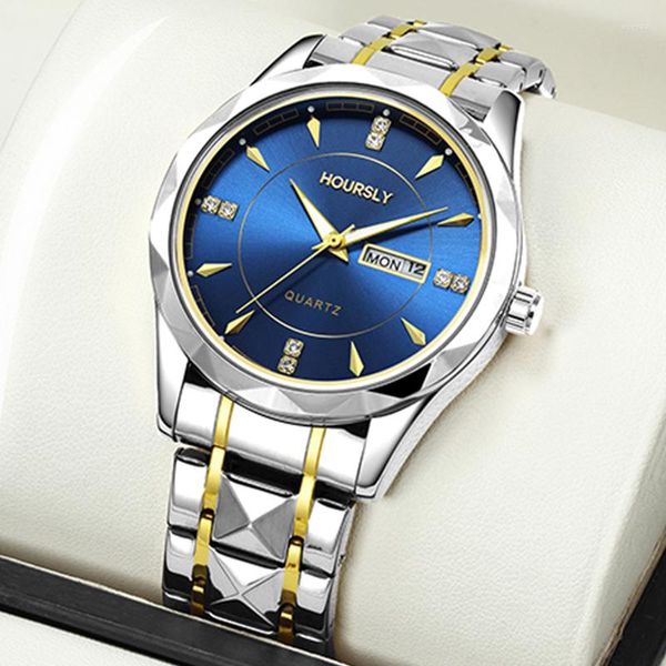 Avanadores de pulso Luxury Watch Blue Gold Men Calendário Diamond Hip Hop Man Rates Relógio de Negócios à prova d'água Masculino Relogio Masculino