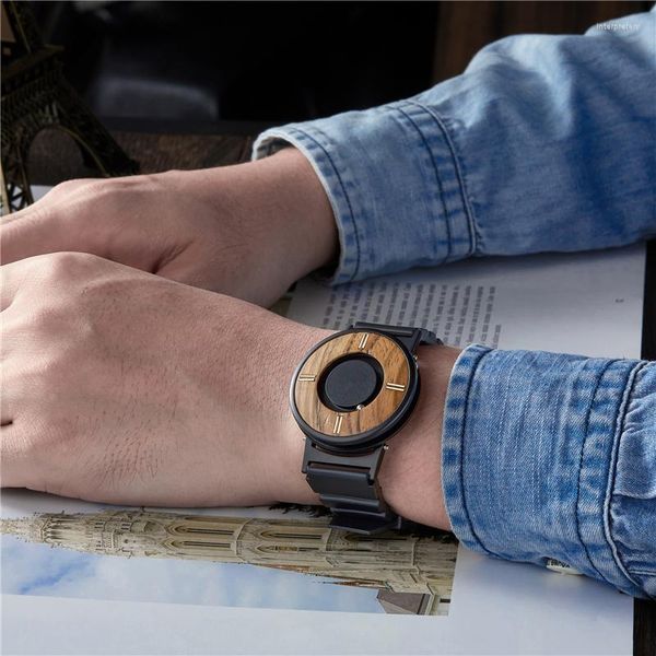 Montres-bracelets EUTOUR Wood Watch Hommes Quartz Montres Magnétique Aimant Ball Drive Mens Cadran En Bois Maille En Acier Inoxydable Cuir Mâle