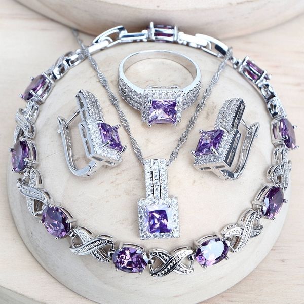 Set di gioielli da sposa Set di gioielli da sposa per donna con zirconi viola Argento 925 Bigiotteria raffinata Orecchini da sposa Anelli Bracciali Collana con ciondolo 230925