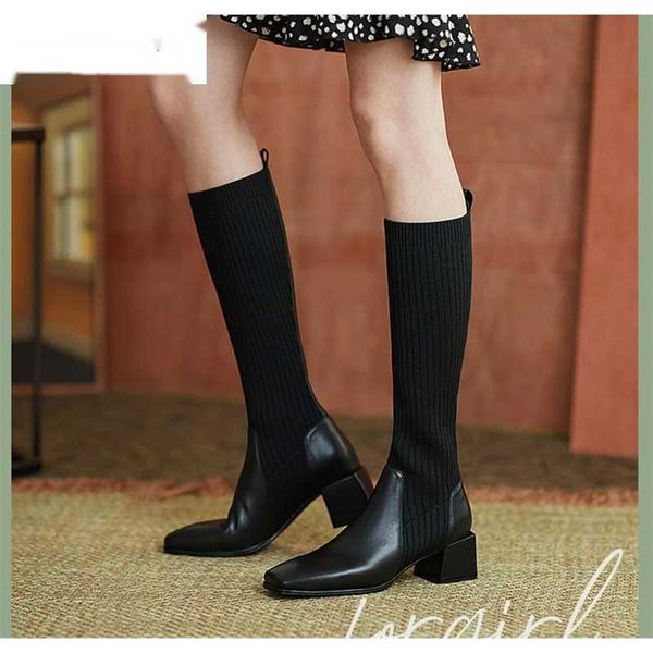Mulheres primavera meias botas meninas elástico retro malha longo fino saltos quadrados de alta qualidade couro vaca tubo sapatos 230922