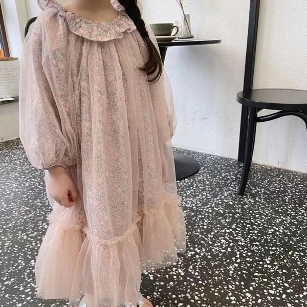 Vestidos da menina coreano super bonito crianças meninas roupas floral impressão lantejoulas malha vestido de princesa 2023 primavera manga longa bebê fada