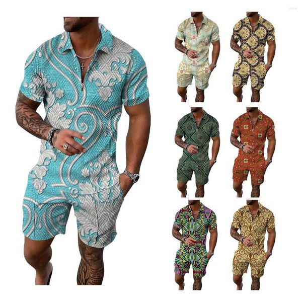 Мужские спортивные костюмы 2023, модный комплект из рубашки поло и шорт с 3D молнией, повседневный костюм с короткими рукавами и принтом в тайском стиле