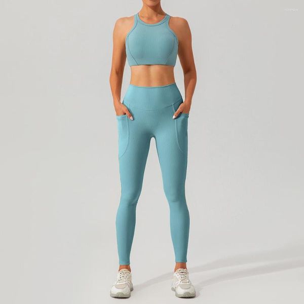 Zweiteilige Damenhose Pmwrun Yoga Wear Schnell getrockneter gerippter Stoffanzug Set Back Fitness Hip Lift Sexy Seitentaschen-Leggings