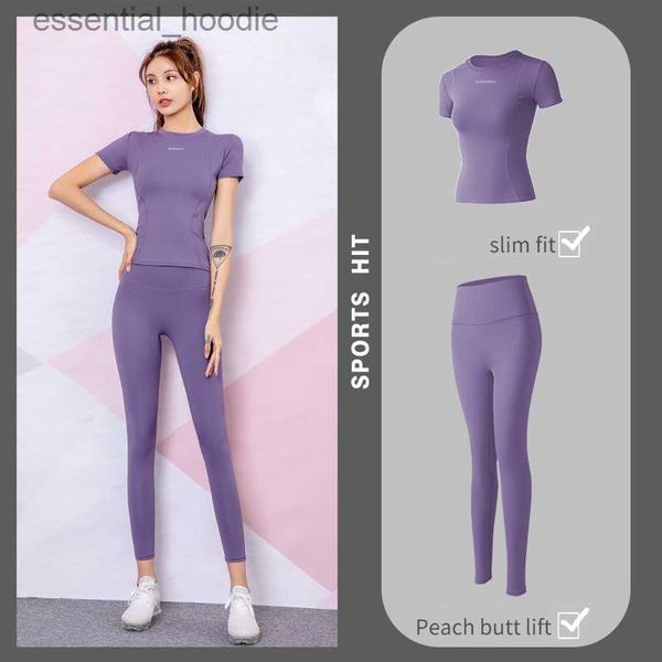 Fatos femininos novo conjunto de roupas de yoga feminino fitness correndo ciclismo roupas esportivas 2 peças sem costura apertado hip lift calças de yoga camiseta ropa de yoga l230925