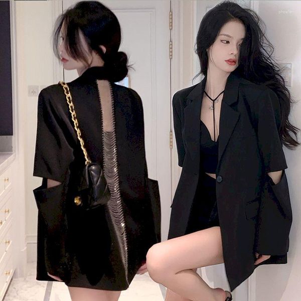 Ternos femininos sexy corrente blazer com recorte de volta 2023 moda coreana preto solto fino blazers para elegante chique casacos femininos