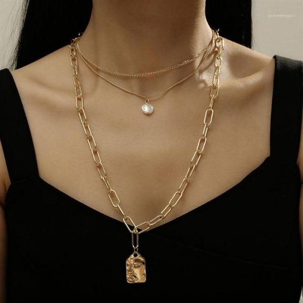 Chokers Punk Multi Camada Imitação Pérola Gargantilha Colar Colar Declaração Cabeça Quadrada Retrato Alívio Pingente Mulheres Jewelry1232L