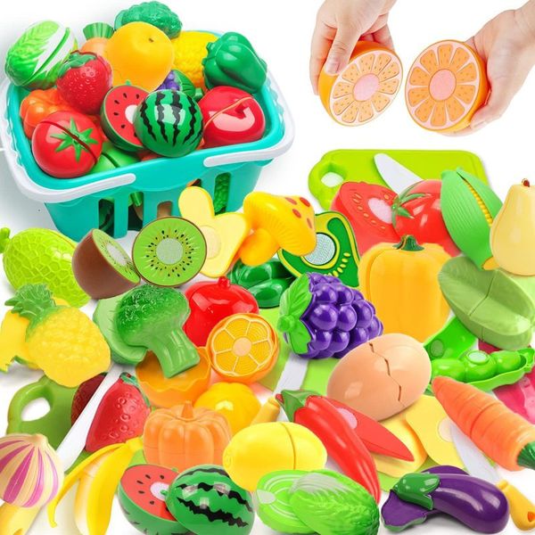 Cozinhas brincam comida crianças cozinha jogos de corte brinquedos plásticos fingir acessórios de frutas e vegetais com cestas de armazenamento de compras presentes 230925