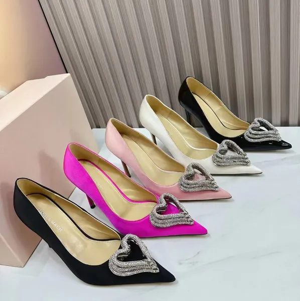 Mulheres elegantes bomba sapato mach moda 9.5cm sapatos de casamento de salto alto em forma de coração strass clássico cetim apontou sapatos casuais marca sapatos de trabalho