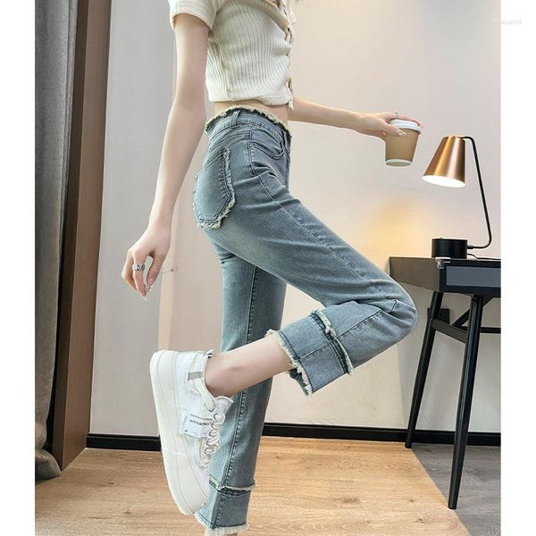 Jeans femininos corte estreito reto denim verão fino 2023 cintura alta luz colorida nove pontos pequeno tubo de fumaça calças