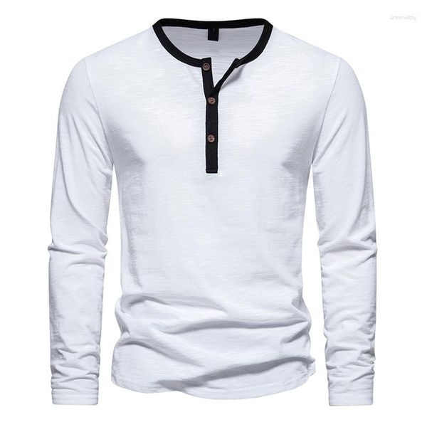 T-shirt da uomo in cotone bianco Henley Shirt da uomo 2023 marca Slim Fit manica lunga button down abbigliamento da lavoro streetwear casual top Tees