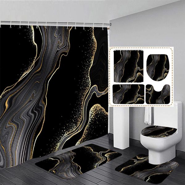 Duschvorhänge, schwarzes Marmor-Duschvorhang-Set, goldene Linien, abstraktes Strukturmuster, modernes Badezimmerdekor, rutschfester Teppich, Badematten, Toilettenbezug 230925