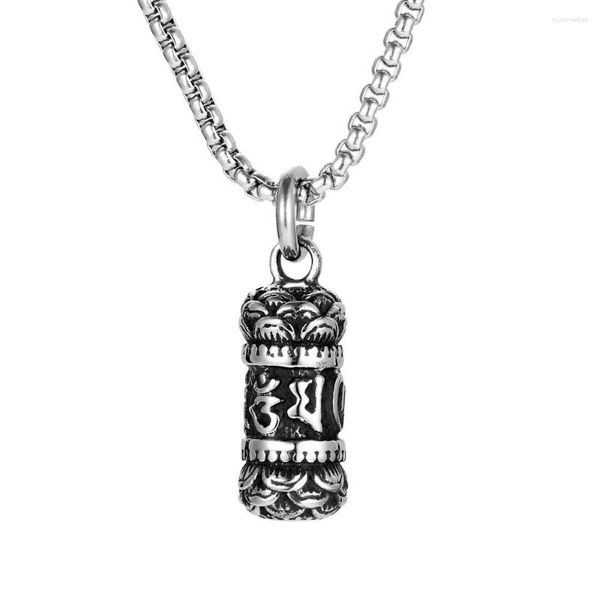 Anhänger Halsketten Gravierte Sechs Silbe Mantra Zylinder Herren Edelstahl Talisman Halskette Vintage Buddhistischer Schmuck Geburtstagsgeschenk 22''