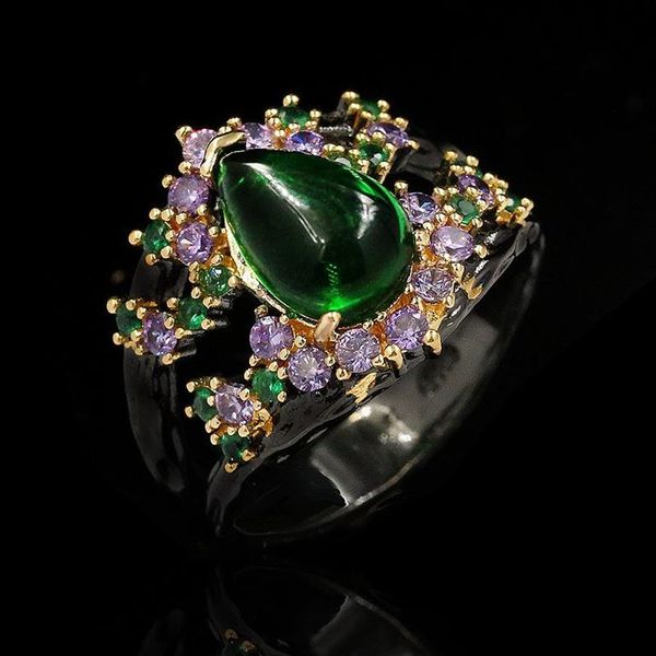 Moda retrò di lusso elegante ametista cava selvaggia giada verde grande goccia d'acqua 14 carati anello in oro nero gioielli di marca da donna Cl267T