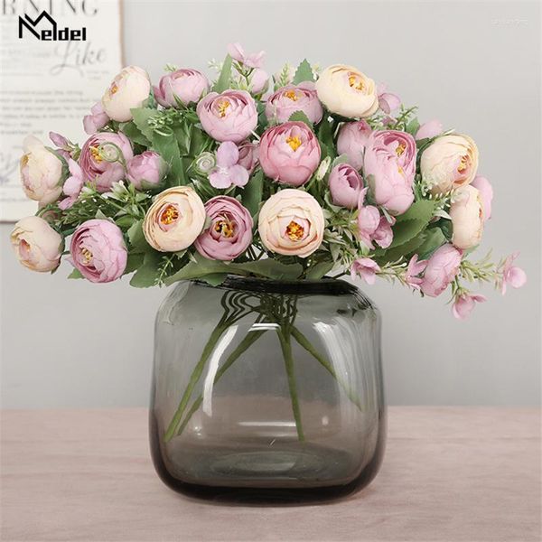 Flores decorativas meldel flor artificial seda rosa 10 cabeças arranjo champanhe dama de honra mini buquê casa festa de casamento decoração