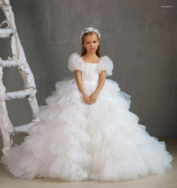 Vestidos de menina vestido de baile personalizado princesa primeira comunhão vestido com trem longo tamanho infantil 1-16t flores para casamento