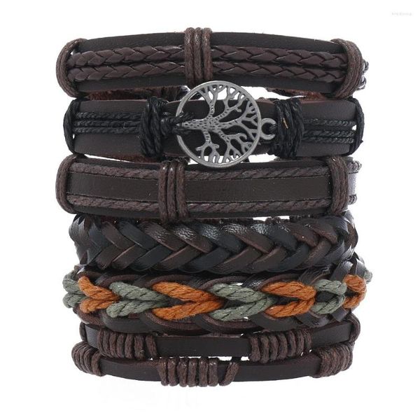 Armreif im Vintage-Stil, handgewebtes Rindsleder-Armband, Baum des Lebens, Elemente, mehrschichtig, sechsteilige Set-Kombination für Männer