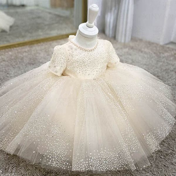 Pérolas vestido de baile pérolas vestidos da menina de flor para o casamento brilhante bling appliqued pageant vestidos princesa bebê menina criança tule grande arco bling primeiro vestido de comunhão sagrada