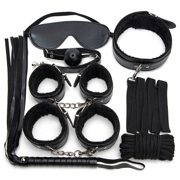 Bondage 7PCSSet Manette sexy in pelle PU Frusta Corda Prodotti Rosa e nero BDSM Giocattoli sessuali per coppie Accessori esotici 230925