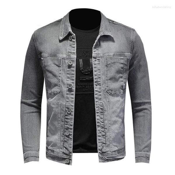 Jaquetas masculinas High Street Jaqueta Smoky Cinza Elástico Denim Algodão Confortável Lapela Bomber Homens