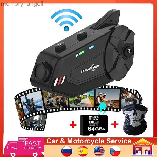 Walkie Talkie Freedconn R1 Plus Wifi Gravador de vídeo para motocicleta DVR BT 5.0 Conversa em grupo 6 Riders Intercom 1080P Capacete Interphone Headset HKD230925