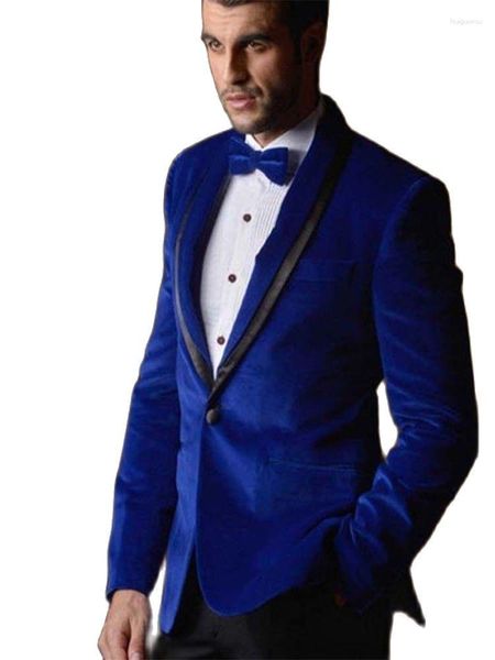 Ternos masculinos jaqueta de veludo azul real padrinhos xale lapela noivo smoking blazer calças terno casamento homem ternos (jaqueta calças pretas gravata)