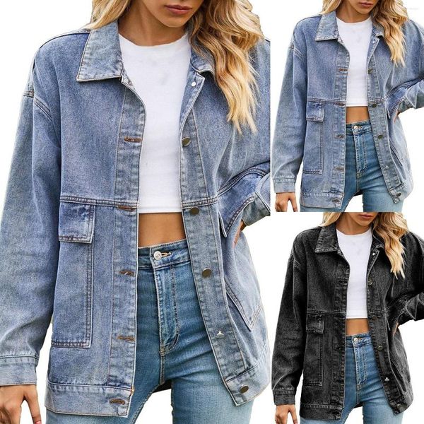 Jaquetas femininas vintage clássico manga longa solta botão bolso denim jaqueta luz lã jean mulheres hoodie