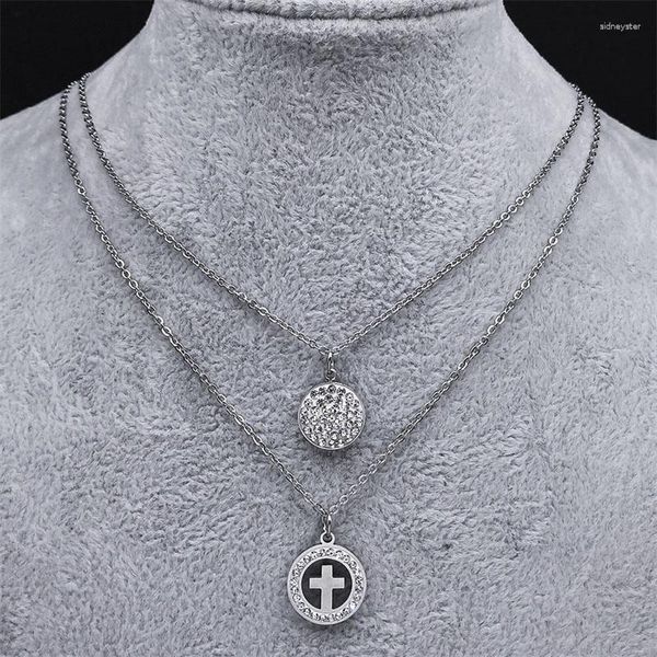 Colares de pingente unissex multicamadas hip hop cruz colar strass católico prata cor redonda acessórios religiosos jóias na138s05