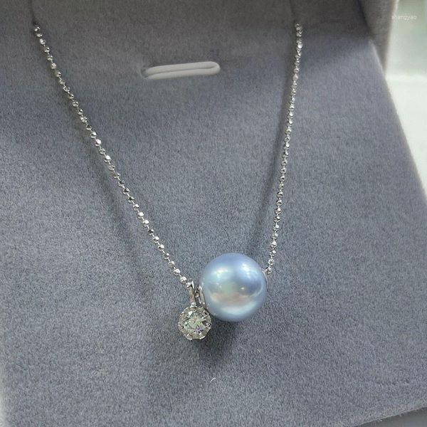 Catene LefeiFashion Lusso Rotondo Zircone Blu Grigio 8-9mm Collana di perle di acqua di mare per le donne Argento 925 Festa di nozze Elegante regalo di gioielli