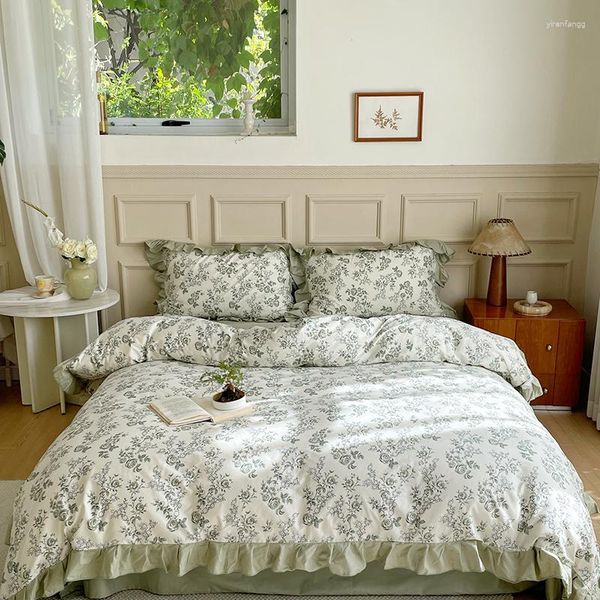 Yatak takımları vintage fransız pastoral çiçekler bitki baskı dantel fırfır prenses pamuk seti yorgan yatak tabakası yastık kılıfı
