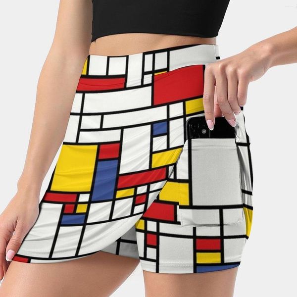 Röcke Piet Mondrian Abstrakte Kunst 1960er Jahre Rot Blau Gelb Damenrock Mini A-Linie mit versteckter Tasche